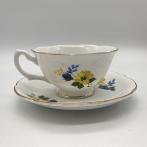 Royal Grafton Bone Chine Blue & Yellow Floral  Tea Cup Saucer Set